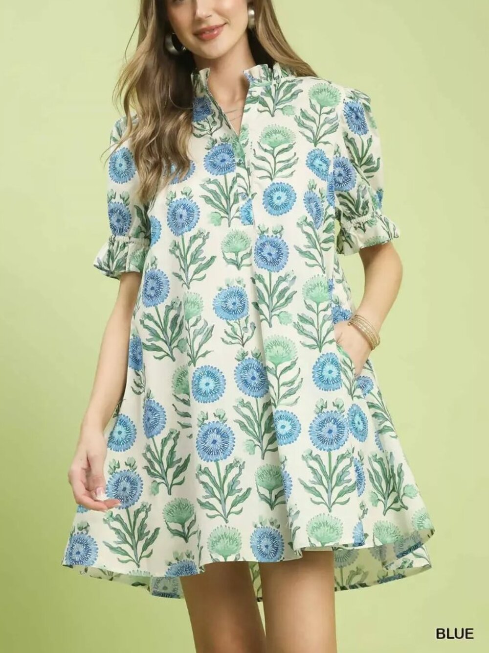 Umgee Floral Puff Sleeve Babydoll Dress Blue White Ruffle Pocket Medium
